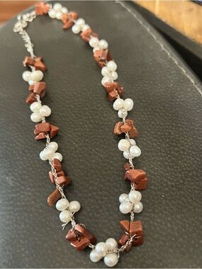 Freshwater Pearl and Red Jasper Chip Necklace - Women Jewelry